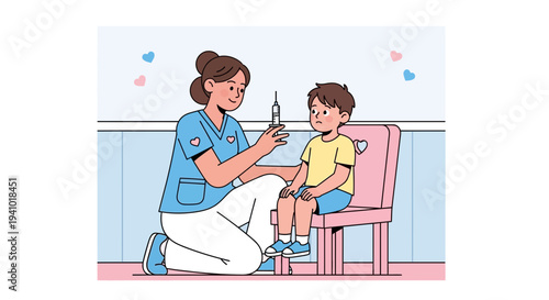 Nurse giving vaccination to a young boy sitting on a chair in a clinic, healthcare concept