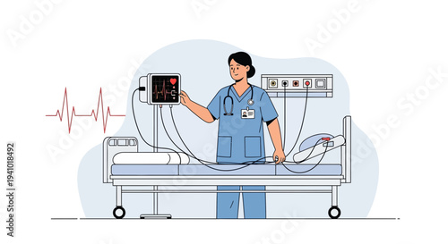 Nurse monitoring patient on hospital bed with vital signs monitor and ECG