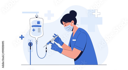 Nurse Preparing IV Drip Infusion, Medical Healthcare Concept Illustration