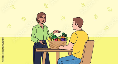Nutritionist advising man on healthy eating with basket of fresh fruits and vegetables