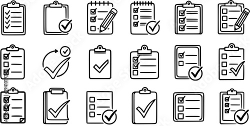 Black and White Line Art Icons: Checklists, To-Do Lists, and Surveys on Clipboards for Task Management and Planning