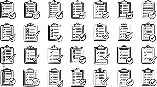 Business Productivity Black and White Line Art Checklist Icons Set. Clipboard and To-Do List Symbols with Checkmarks for Task Management and Completion.