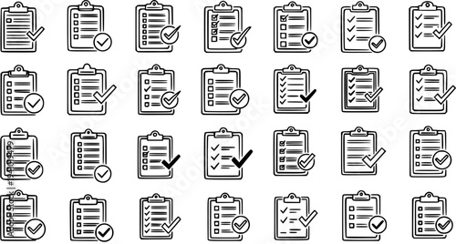 Business Productivity and Task Management Concepts: Black and White Line Art Clipboard Checklist Icons with Check Marks for Project Planning and Completion