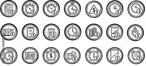 Finance and Business Time is Money Line Art Icons Set. Outline Symbols for Investment, Productivity, Deadlines, and Financial Management.