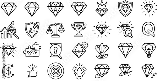 Premium Business, Finance  Education Diamond Line Art Icons Set. Outline Symbols for Quality, Success, Value, Strategy, and Excellence.