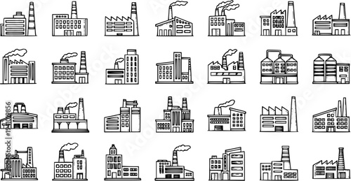 Black and White Line Art Icons of Industrial Factory Buildings, Power Plants, and Manufacturing Plants for Industry Themes