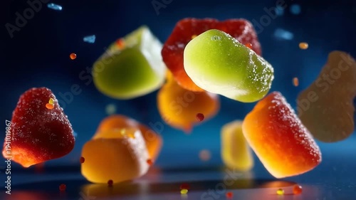 Colorful gummy bears floating in mid-air with sugar coating
