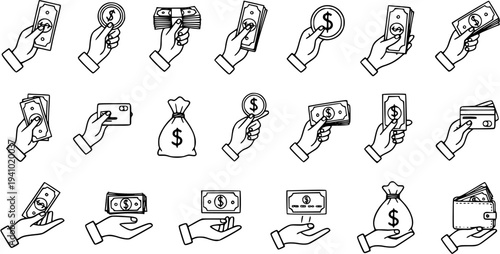 Black and White Line Art Icons of Hands Holding Money and Financial Objects, Finance Theme