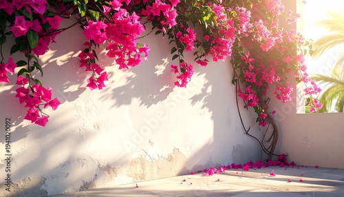 Pink Flowers Cascading Down White Wall.