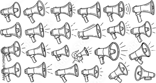 Black and White Line Art Megaphones Pattern, Protest and Announcement Symbol