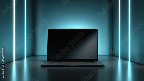 Sleek laptop front view in minimalist neon studio, dark screen reflecting ambient blue light and glowing vertical lines creating modern tech mood