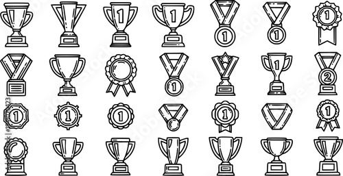 Black  White Line Art Trophies and Medals Collection, Award Icons for Victory and Success