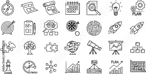 Business Strategy and Planning Icons - Black and White Line Art Vector Set