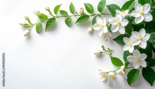 White Flowers with Green Leaves on White Background.