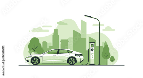 White electric car charging at a city station with green cityscape background