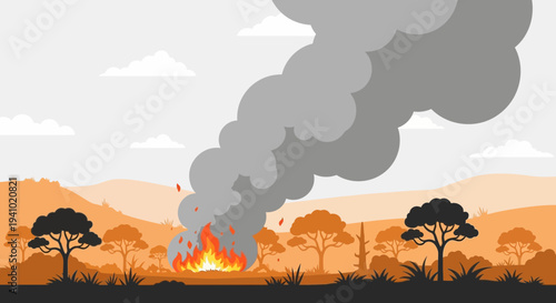 Wildfire raging in dry landscape, smoke billowing into the sky, environmental disaster