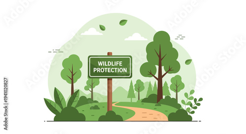 Wildlife Protection Sign in Lush Green Forest Nature Reserve Path