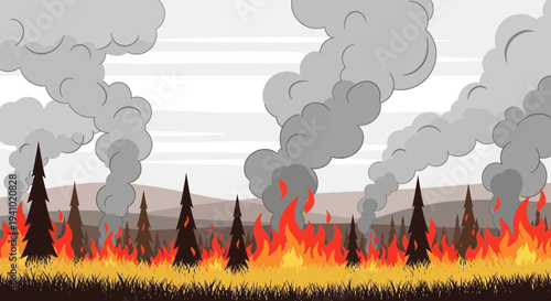 Wildfire Spreading Through Forest with Smoke and Flames