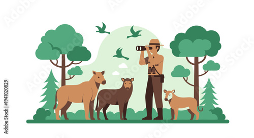 Wildlife ranger observing animals in nature with binoculars, surrounded by trees and birds.
