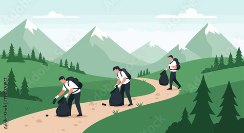 Volunteers cleaning up nature trail, collecting trash in mountains, environmental protection concept