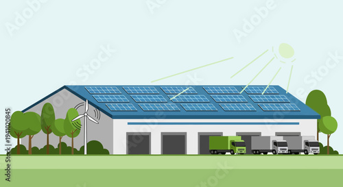 Warehouse with solar panels and wind turbine, green energy for logistics