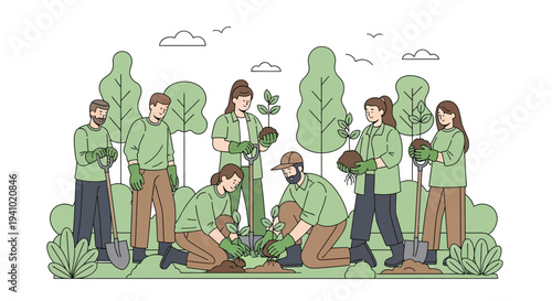 Volunteers Planting Trees Together in a Lush Green Park, Environmental Conservation