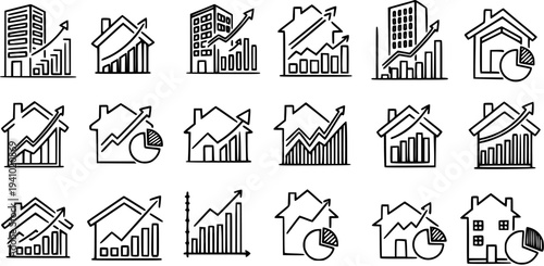 Hand-drawn Black  White Line Art Icons Set: Real Estate Property Market Growth, Finance Investment  Business Trends Analysis