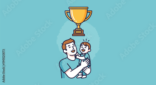 Man Holding Baby Under Trophy Icon.