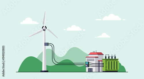 Wind turbine generating clean energy connected to a substation and transformer