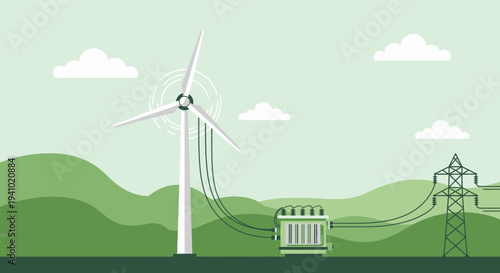 Wind turbine generating clean energy connected to power grid transformer and pylon