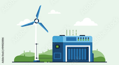 Wind turbine connected to a modern energy storage system, renewable energy concept