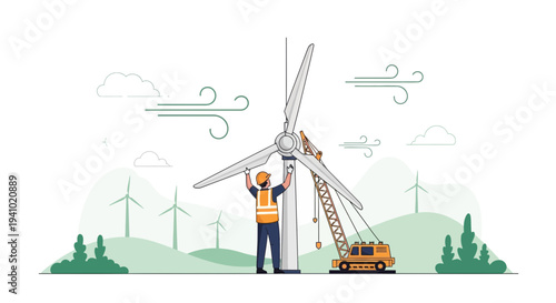 Wind turbine installation and maintenance by engineer with crane in green landscape