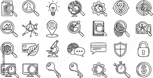 Hand-drawn Black and White Line Art Icons: Search, Analysis, Security, and Finance Concepts