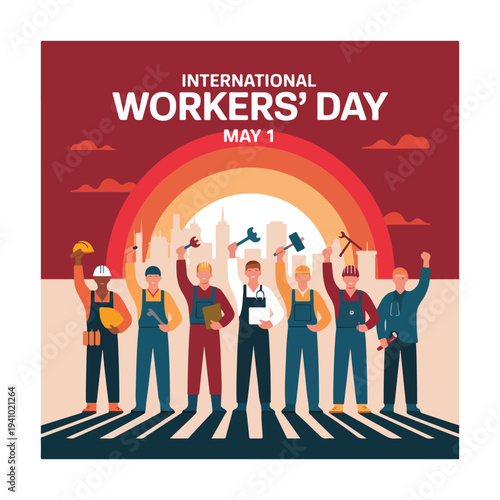 
International Workers Day poster celebrating labor unity hardworking people solidarity rights global workforce