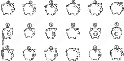 Finance and Banking Savings Concept: Hand Drawn Black and White Line Art Piggy Bank Illustrations with Dollar Coins. Economy and Investment Symbol Set.