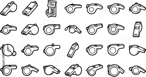 Sports and Safety Whistles Black and White Line Art Icons Collection. Referee, Coach, and Security Whistle Outline Vector Set for Games, Emergency, and Training.
