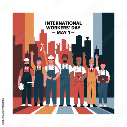 
International Workers Day poster celebrating labor unity hardworking people solidarity rights global workforce