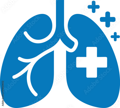 Blue lungs with trachea and medical cross symbol on white background for health concepts