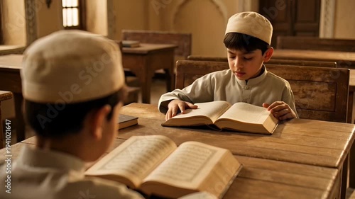 Young Muslim boys studying religious texts in a traditional madrasa setting.
