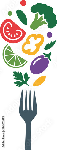 Colorful vegetable icons and fork on white background for healthy eating and nutrition concepts  simple flat design