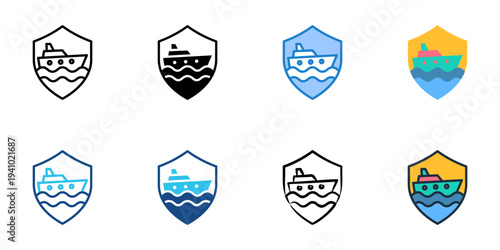 Boat Insurance icons set multiple style collection. Editable stroke 
