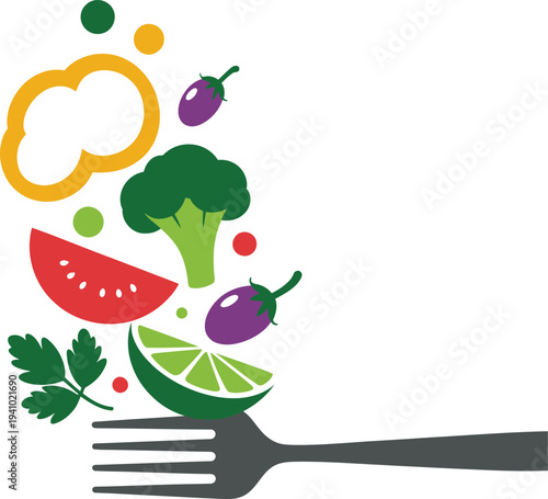Colorful vegetables and fruits falling onto a fork  healthy eating concept
