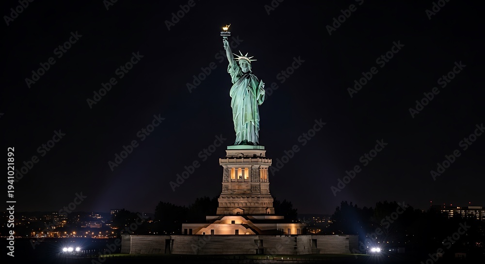 Fototapeta premium Statue stands tall at night with a torch raised high. The dark sky surrounds the lit up landmark with its detailed architecture