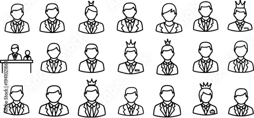 Business Leadership and Royalty People Avatars Black and White Line Art Icons Set. User profile symbols including executives, managers, kings, and queens.