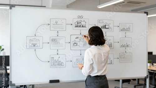 Wallpaper Mural Professional business woman drawing project management flowcharts on a large whiteboard in a modern office workspace Torontodigital.ca