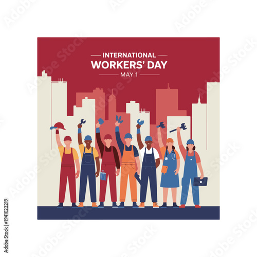 
International Workers Day poster celebrating labor unity hardworking people solidarity rights global workforce