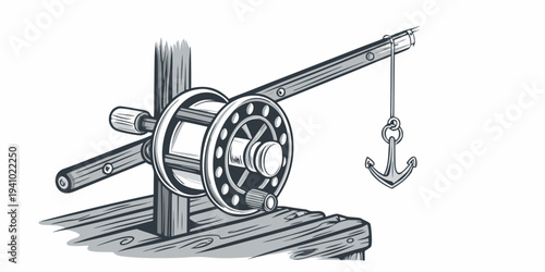 Vintage fishing reel illustration on a wooden base detailed sketch style