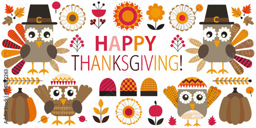 Festive illustration of happy thanksgiving with owls pumpkins and flowers