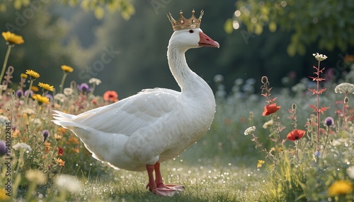 Wallpaper Mural Majestic white goose wearing a golden crown standing regally in a beautiful summer meadow with colorful wildflowers Torontodigital.ca