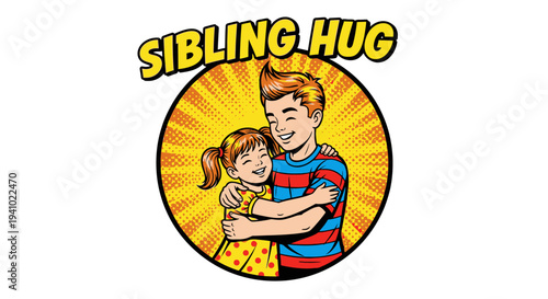 Brother and Sister Hugging Cartoon Characters.